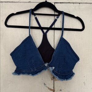 Free People Blue Denim Ruffled Crop Camisole NWOT